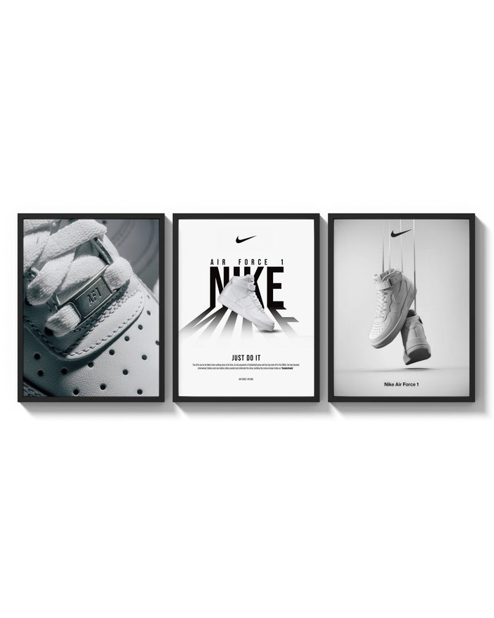 Nike AF1 White Triptych arranged on a bright gallery wall