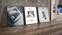 Nike AF1 White Triptych leaning on parquet beside a vintage loft door