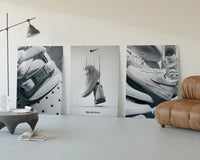 Nike Air Force 1 Poster Set three-panel set displayed beside a brown leather sofa