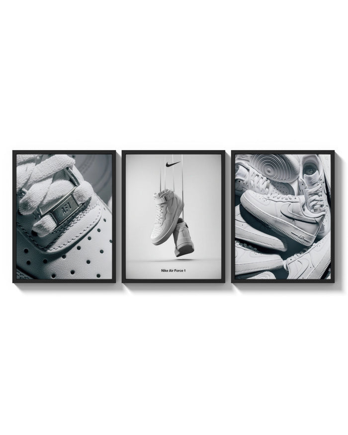 Nike Air Force 1 Poster Set triptych arranged on a bright gallery wall