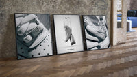 Nike Air Force 1 Poster Set three-piece set leaning on parquet beside a vintage loft door
