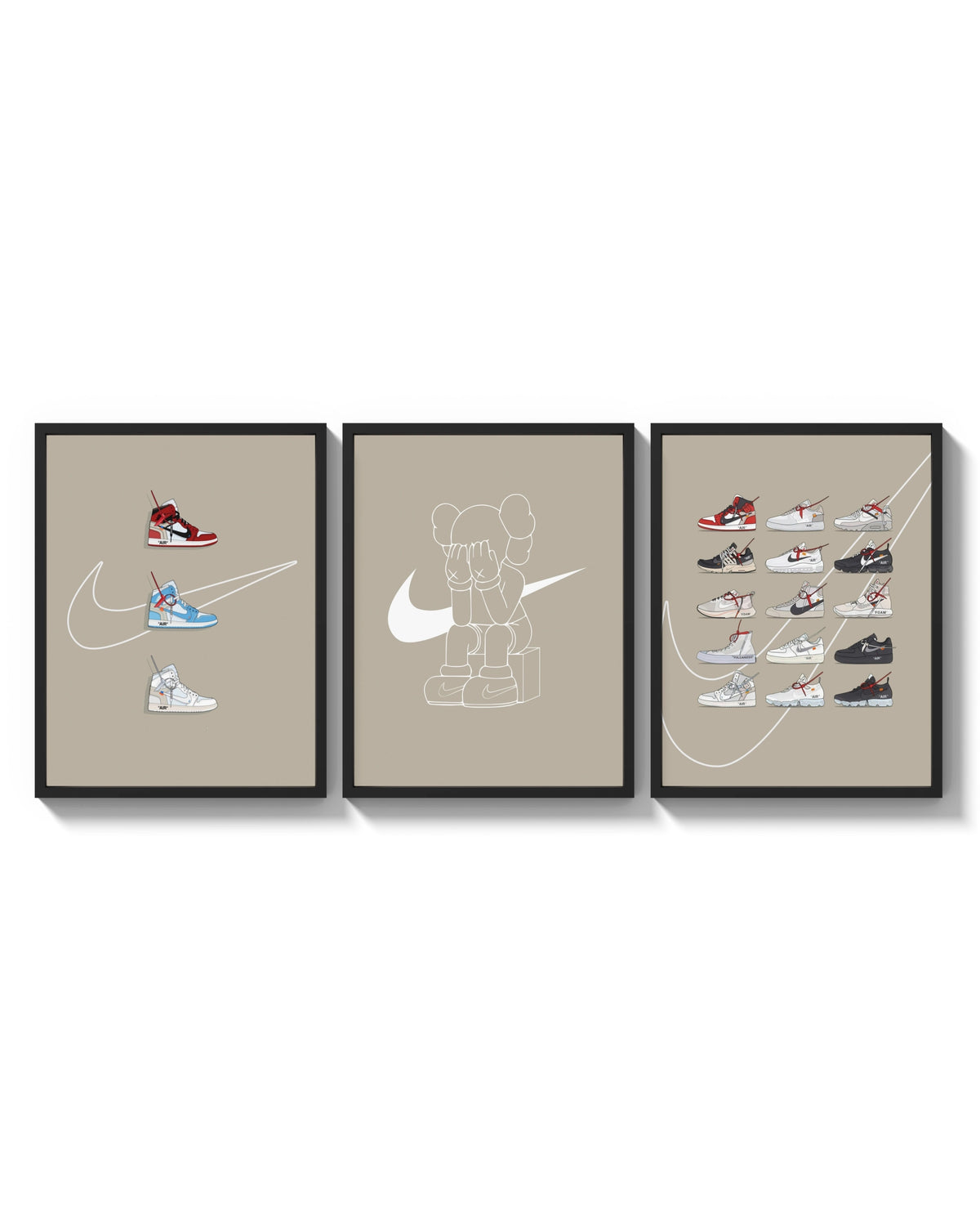 Off-White Nike Poster Set triptych arranged on a bright gallery wall