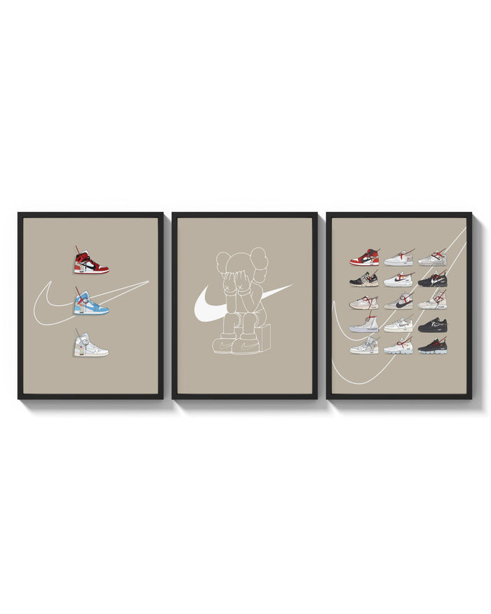 Off-White Nike Poster Set triptych arranged on a bright gallery wall