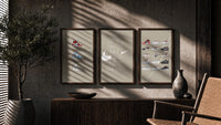 Off-White Nike Poster Set triptych in three walnut frames above a sideboard in a warm room