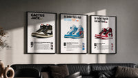 Air Jordan 1 Poster Set triptych in three black frames on a grey wall above a leather sofa