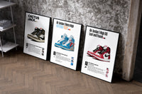 Air Jordan 1 Poster Set set of three black-framed prints leaning against a raw-plaster wall
