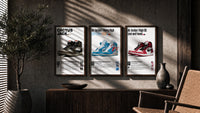 Air Jordan 1 Poster Set triptych in three walnut frames above a sideboard in a warm room