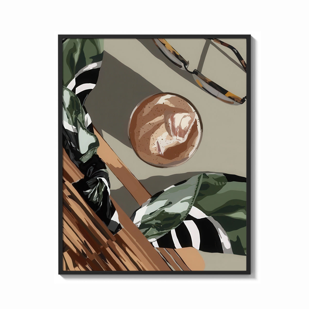 Framed Iced Coffee Flat Lay print shown as a bold statement piece on a clean gallery wall