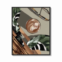 Framed Iced Coffee Flat Lay print shown as a bold statement piece on a clean gallery wall