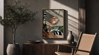 Iced Coffee Flat Lay poster framed above a fluted sideboard beside a potted tree