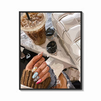 Framed Iced Coffee with Sunglasses and Handbag print shown as a bold statement piece on a clean gallery wall