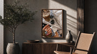 Iced Coffee with Sunglasses and Handbag poster framed above a fluted sideboard beside a potted tree