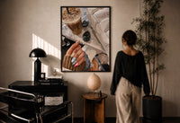 Iced Coffee with Sunglasses and Handbag print in a black frame on a sunlit wall with a viewer