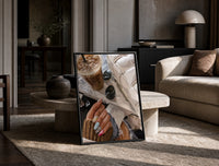 Iced Coffee with Sunglasses and Handbag print on the floor, leaning against a travertine table