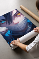 Anime character with heterochromia eyes print laid flat in a styling flatlay