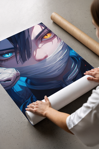 Anime character with heterochromia eyes print being unrolled by hand beside its shipping tube