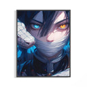 Framed Anime character with heterochromia eyes print displayed as a statement piece