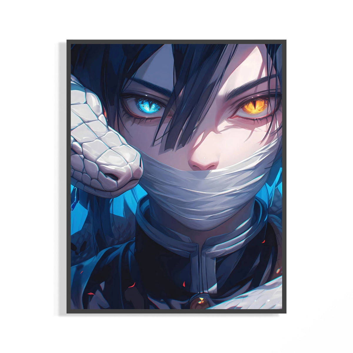 Framed Anime character with heterochromia eyes print displayed as a statement piece