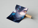 Anime character with heterochromia eyes poster styled above furniture in a modern room