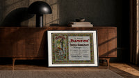 Art Nouveau women with roses print in a black frame leaning against a walnut console in lamplight