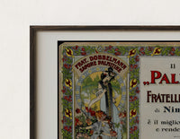 Close-up of the Art Nouveau women with roses print's dark wood frame corner and archival matte paper