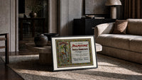 Art Nouveau women with roses print in a slim black frame leaning on a travertine coffee table