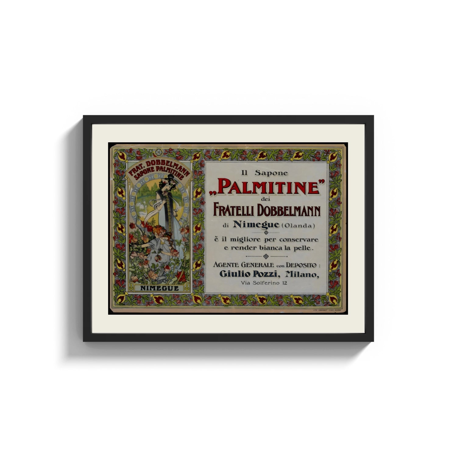 Framed Art Nouveau women with roses print shown as a wide statement piece on a clean white wall