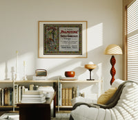 Art Nouveau women with roses print in an oak frame above a mid-century book console with a vintage radio
