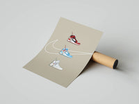 Illustrated Off-White Jordan 1 colourways with a Nike swoosh print leaning on a cardboard shipping tube