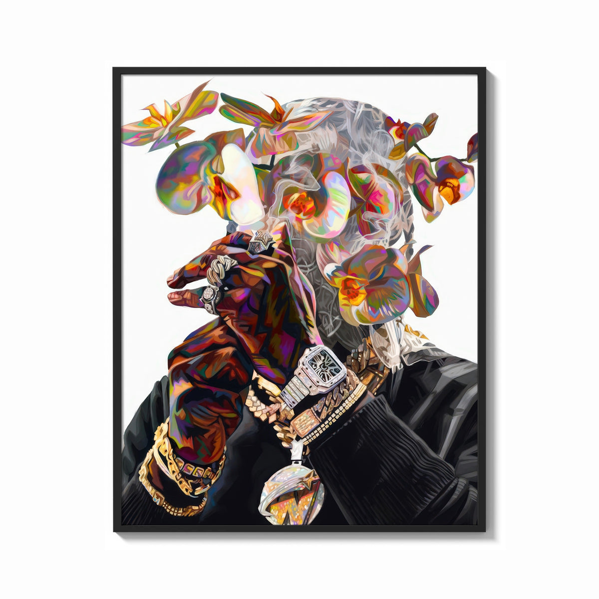 Framed Iridescent Flowers Over the Face print shown as a bold statement piece on a clean gallery wall