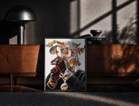 Black-framed Iridescent Flowers Over the Face print on the floor in front of a dark wooden console