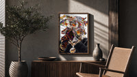 Iridescent Flowers Over the Face poster framed above a fluted sideboard beside a potted tree