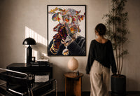 Iridescent Flowers Over the Face print in a black frame on a sunlit plaster wall, a woman looking on beside a mushroom lamp