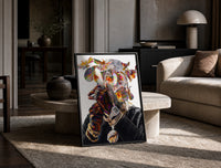 Iridescent Flowers Over the Face print on the floor, leaning against a travertine table