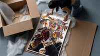 Iridescent Flowers Over the Face framed print being unpacked from protective bubble wrap and a box