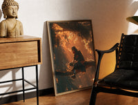 Brass-framed Anime ninja sitting on tree branch print leaning in a warm styled corner by a sculpture