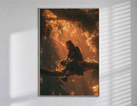 Anime ninja sitting on tree branch poster in a slim frame on a bright wall with soft window light