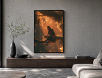 Anime ninja sitting on tree branch poster framed above a wood console in a concrete-wall living room