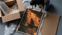 Anime ninja sitting on tree branch framed print being unpacked from protective bubble wrap and a box