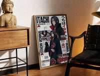 Brass-framed Itachi Uchiha anime character print leaning in a warm styled corner by a sculpture