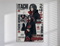 Itachi Uchiha anime character poster in a slim frame on a bright wall with soft window light