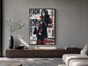 Itachi Uchiha anime character poster framed above a wood console in a concrete-wall living room