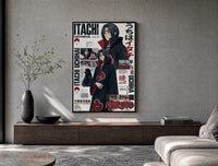 Itachi Uchiha anime character poster framed above a wood console in a concrete-wall living room