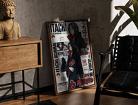 Walnut-framed Itachi Uchiha anime character print leaning against a sunlit rustic brick wall
