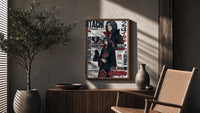 Itachi Uchiha anime character poster framed above a fluted sideboard beside an olive tree