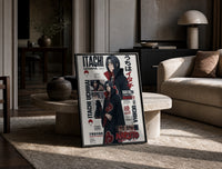Itachi Uchiha anime character print in a black frame leaning on a travertine table in a sunlit lounge