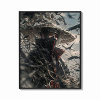 Framed anime ninja with red eyes print shown as a bold statement piece on a clean gallery wall