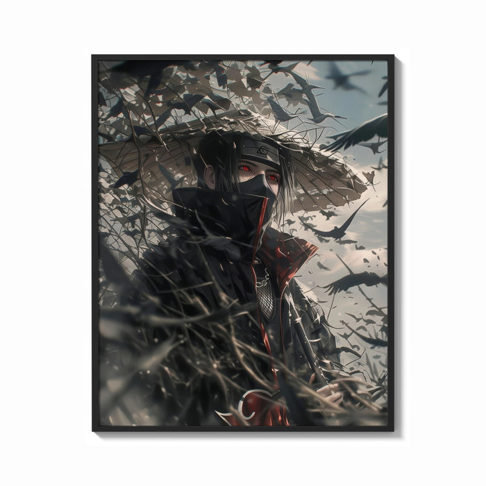 Framed anime ninja with red eyes print shown as a bold statement piece on a clean gallery wall
