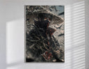 anime ninja with red eyes poster in a slim frame on a bright wall with soft window light