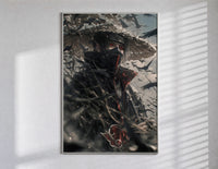 anime ninja with red eyes poster in a slim frame on a bright wall with soft window light